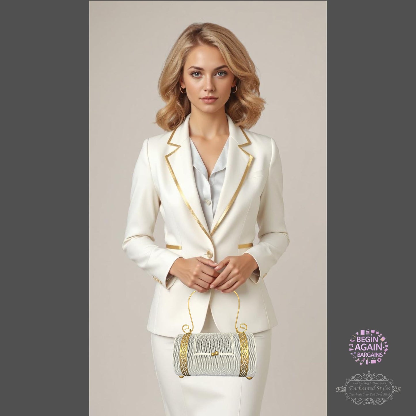 White Tubular Cage Purse with Gold Colored Accents