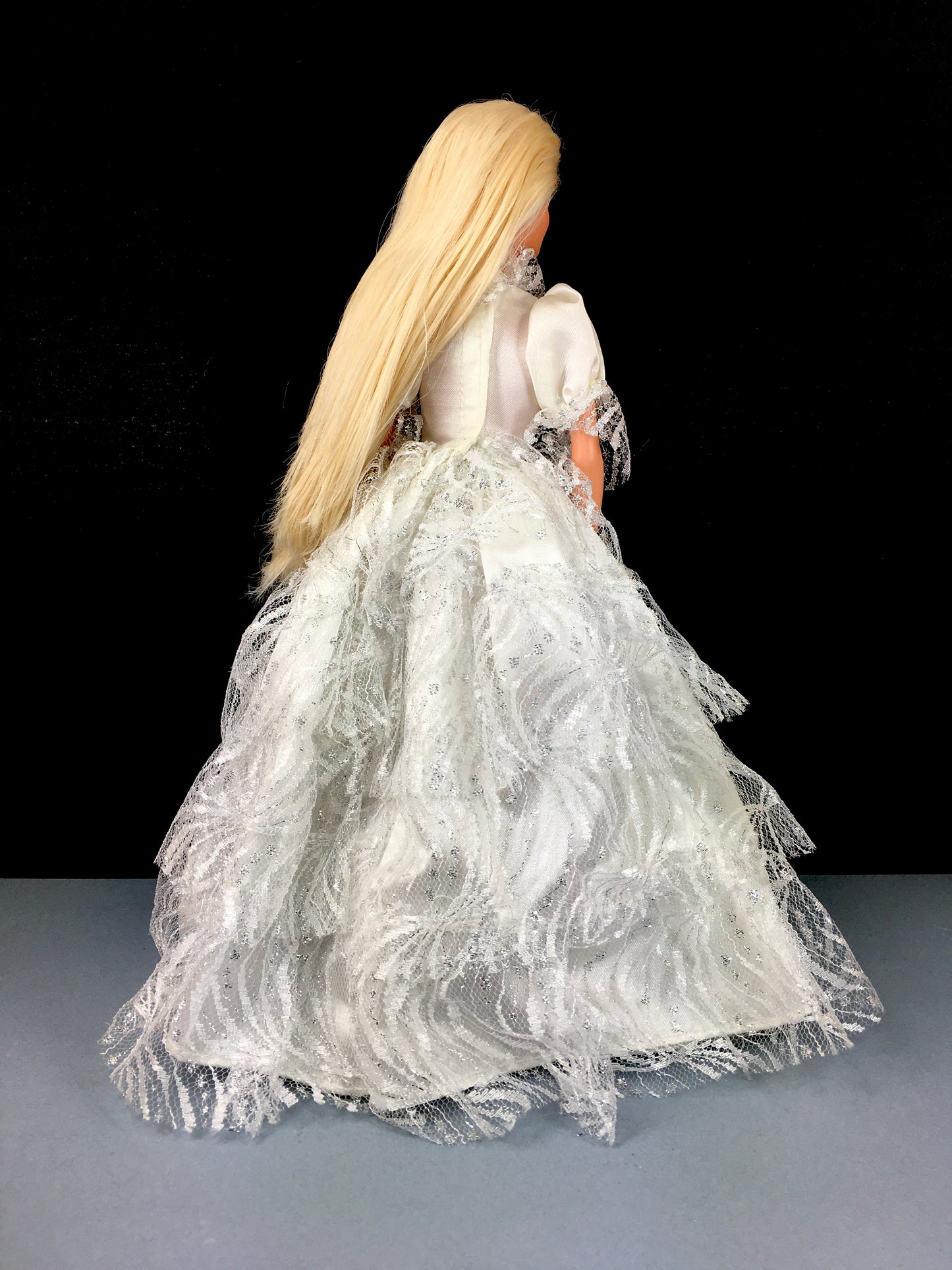 Vintage 1976 Blonde Hair Blue Eyes Barbie Doll White Lace Satin Dress with Silver Shimmer Accents