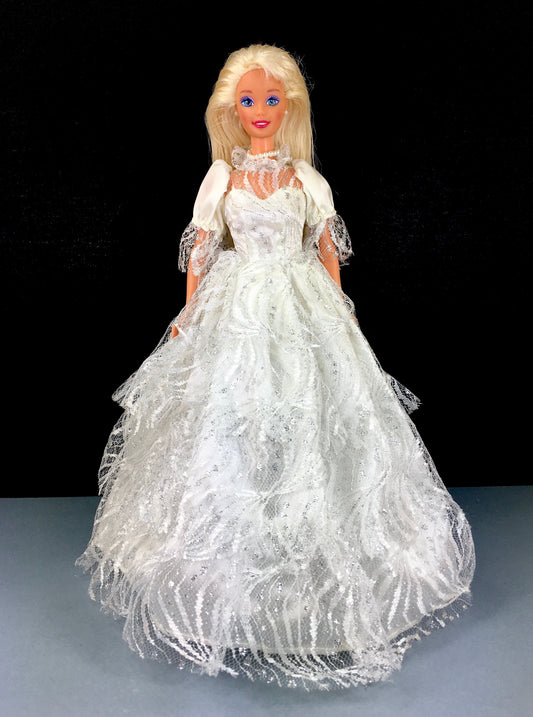 Vintage 1976 Blonde Hair Blue Eyes Barbie Doll White Lace Satin Dress with Silver Shimmer Accents