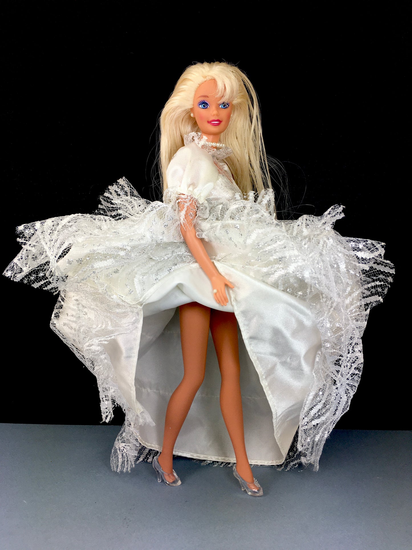 Vintage 1976 Blonde Hair Blue Eyes Barbie Doll White Lace Satin Dress with Silver Shimmer Accents