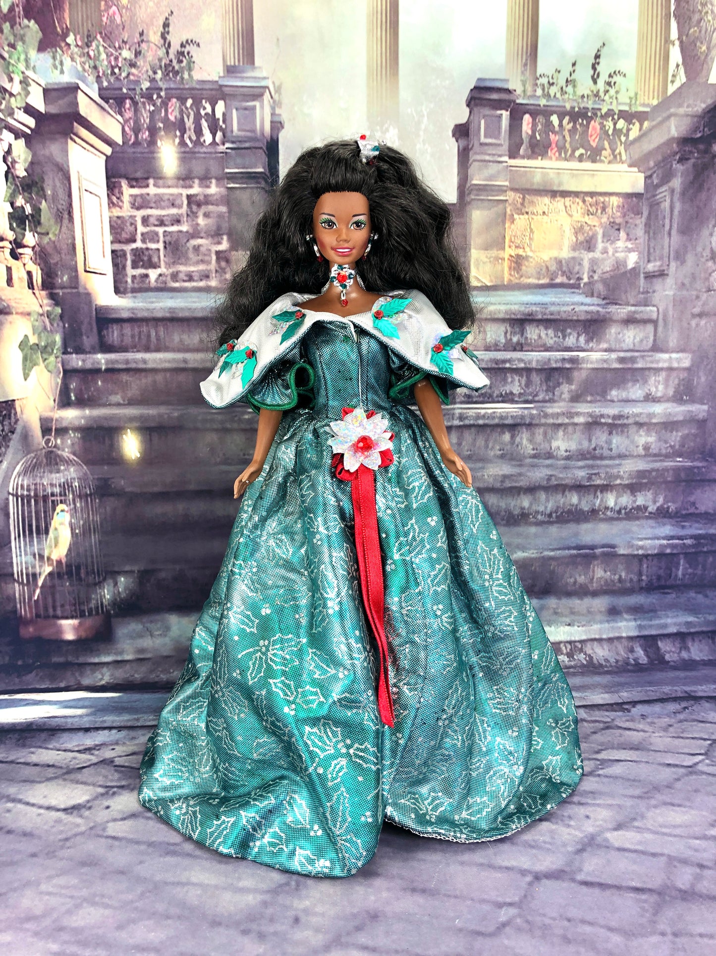 1995 Happy Holidays African American Barbie Doll in Green Dress by Mat Enchanted Styles 1995 Happy Holidays African American Barbie Doll in Green Dress by Mat Enchanted Styles