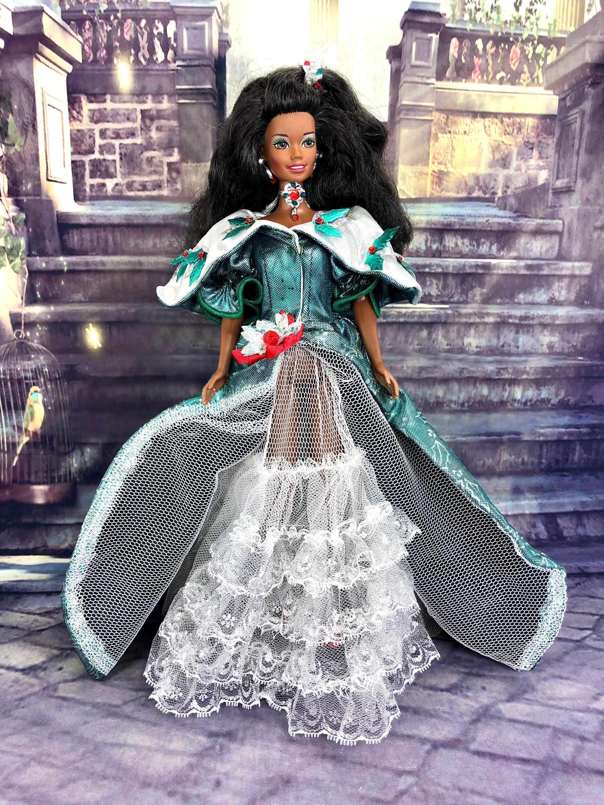 1995 Happy Holidays African American Barbie Doll in Green Dress by Mat Enchanted Styles 1995 Happy Holidays African American Barbie Doll in Green Dress by Mat Enchanted Styles