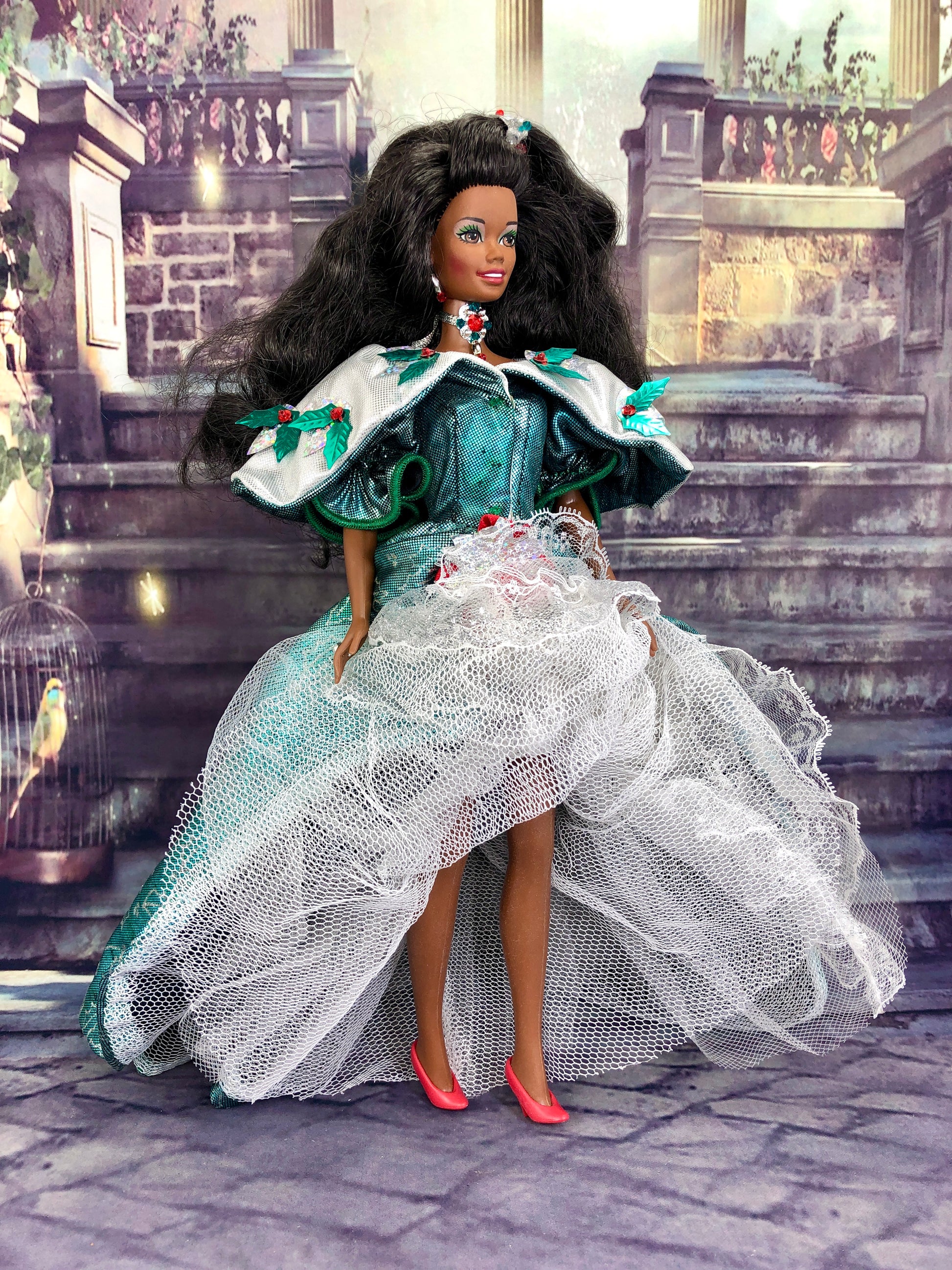 1995 Happy Holidays African American Barbie Doll in Green Dress by Mat Enchanted Styles 1995 Happy Holidays African American Barbie Doll in Green Dress by Mat Enchanted Styles